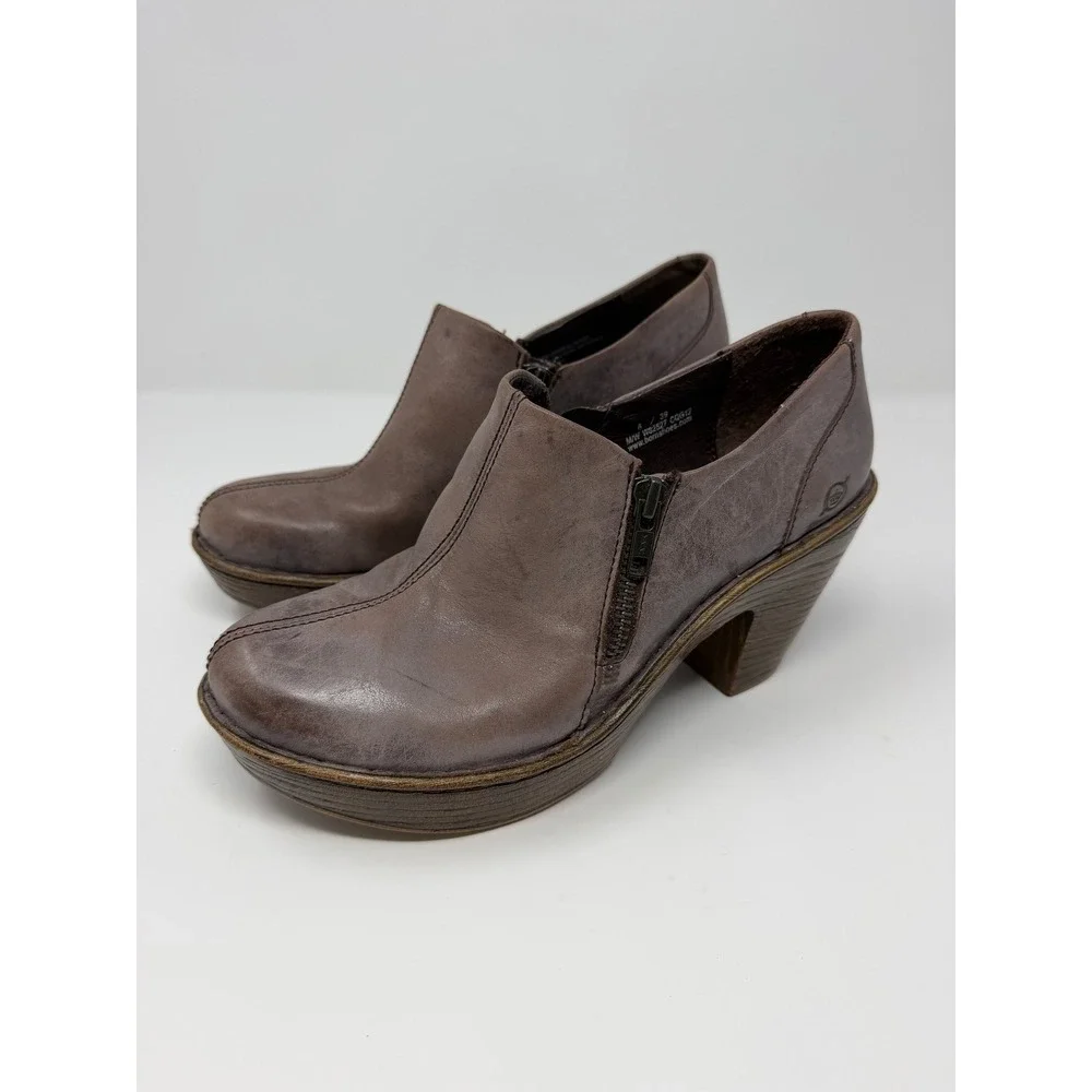 Born W82527 Leather Ankle Booties Brown Platform Block Heel Shooties Womens 8